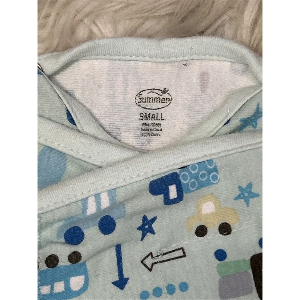Swaddle Me Summer Blue Boys Trucks Cars Train Baby Snuggle Sleep Sack Size Small